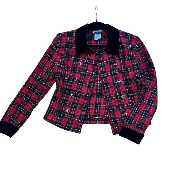 Vintage 90s Brioche Red Plaid Velvet Trim Double Breasted Textured Jacket M - Picture 2 of 6